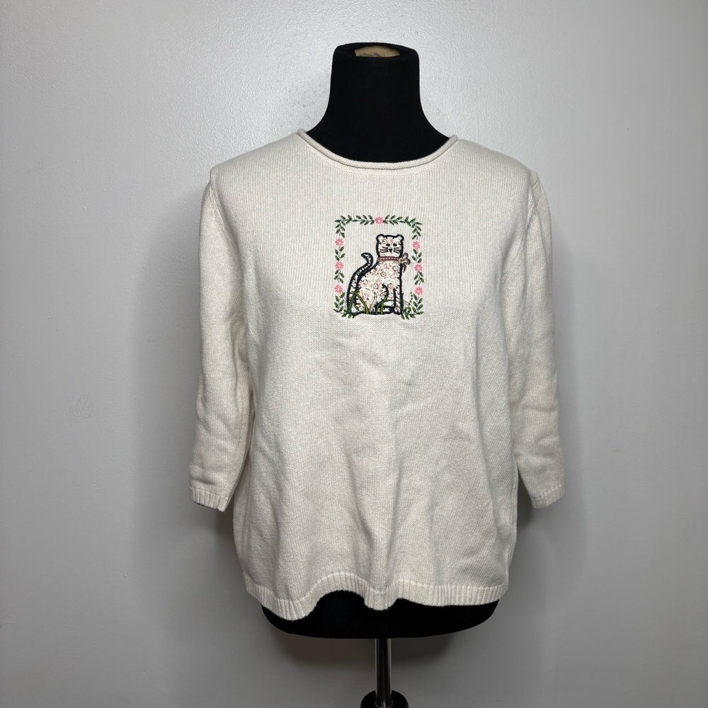 Christopher & Banks Y2K Embroidered Cat Cotton Sweater Size XL